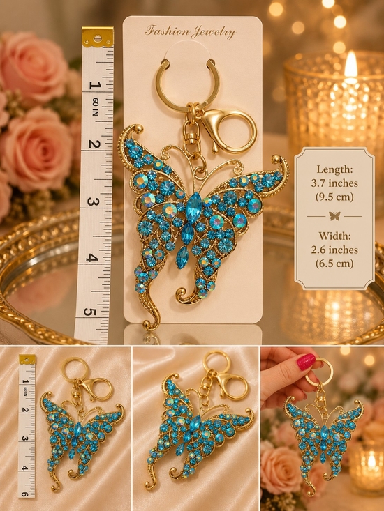 Accessories - Big Gold Butterfly Keychain with Blue Crystal Accents